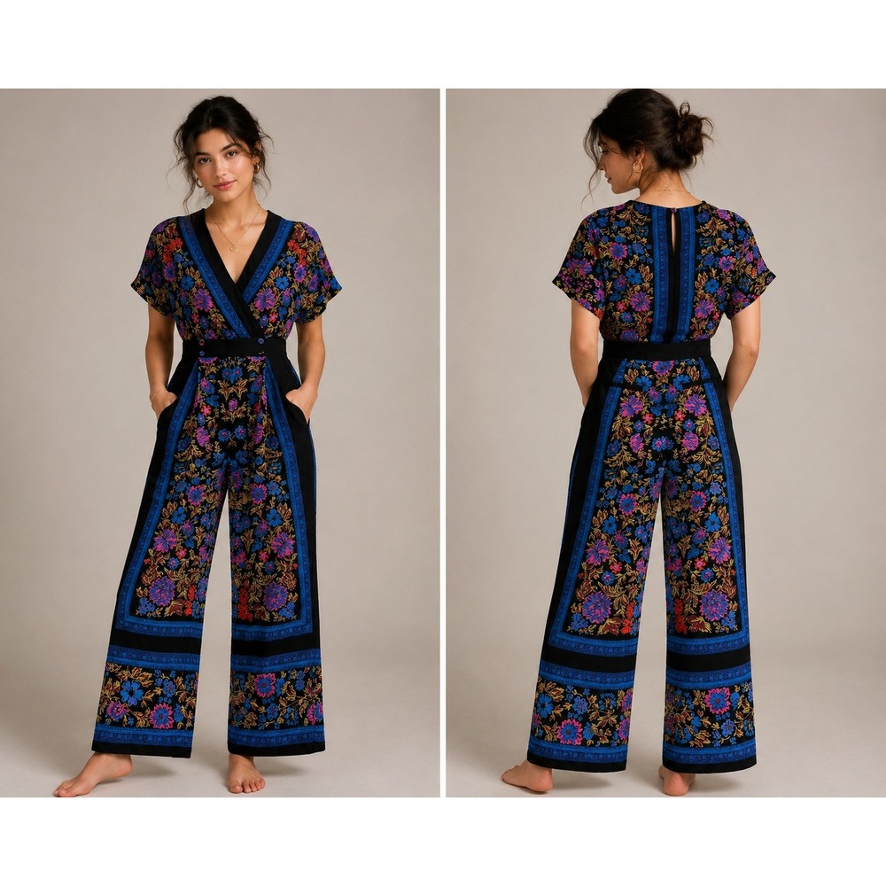 Anthropology‎ Ett:Twa Scarf Floral Wide Leg Jumpsuit Black Blue Pink Boho Size 0
